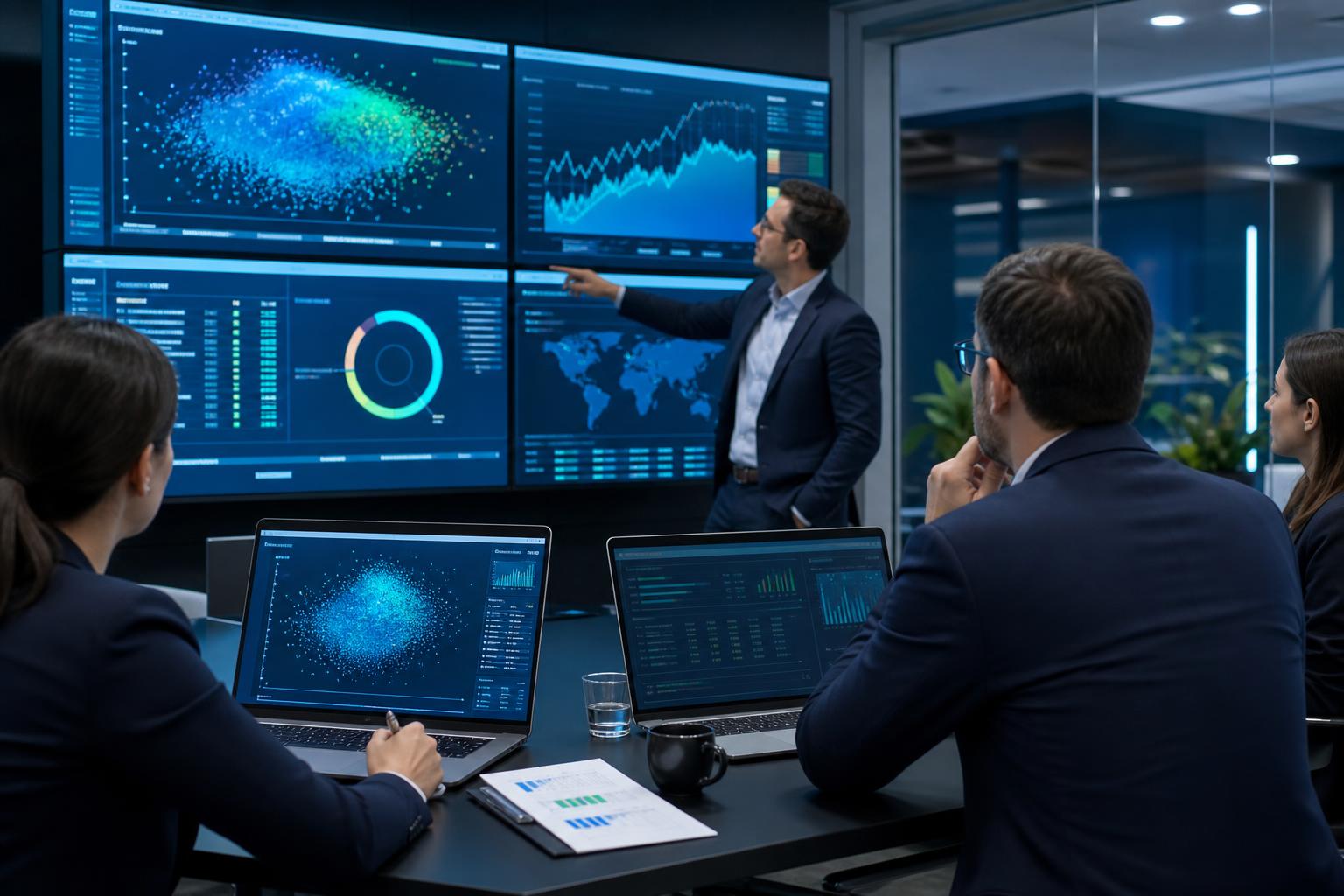 Consulenti digitali che analizzano dashboard di AI, sicurezza e finanza agevolata